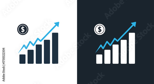 Financial growth chart with upward arrow and dollar sign web icon set -  Glyph solid icon - Editable modern style icon.
