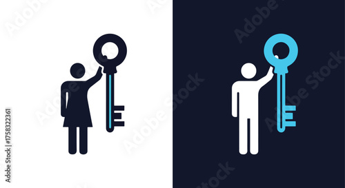 Abstract human figure holding large key icon symbolizing access and opportunity -  Glyph solid icon - Editable modern style icon.