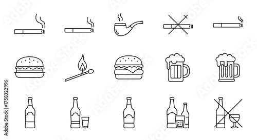 Collection of unhealthy lifestyle icons, including smoking