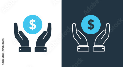 Hands holding coin with dollar sign icon set finance and investment symbol -  Glyph solid icon - Editable modern style icon.