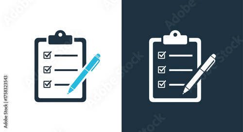 Two checklist icons with clipboard and pen for task management and planning -  Glyph solid icon - Editable modern style icon.
