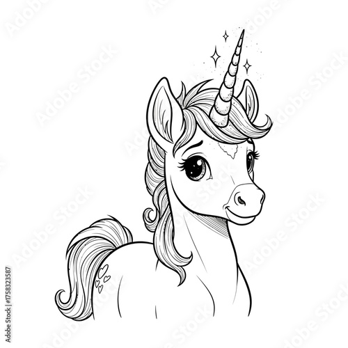 Magical unicorn foal character with a friendly expression in a whimsical and enchanted stylized ink drawing
