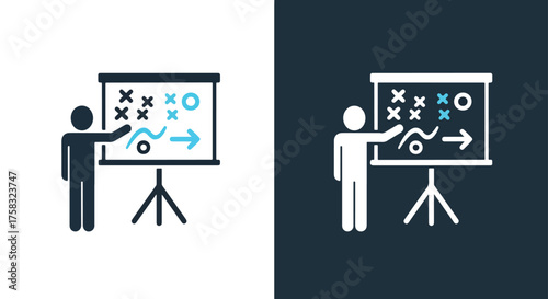 Team strategy meeting icons person presenting business plan on whiteboard presentation board -  Glyph solid icon - Editable modern style icon.