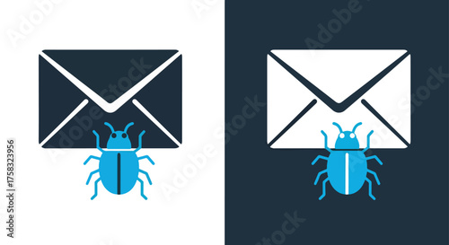 Digital security icons two mail envelopes with cyber bug symbol for internet safety and protection -  Glyph solid icon - Editable modern style icon.