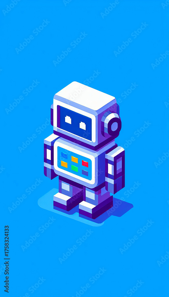 Naklejka premium 16-bit Pixel Art Robot Icon Isometric 