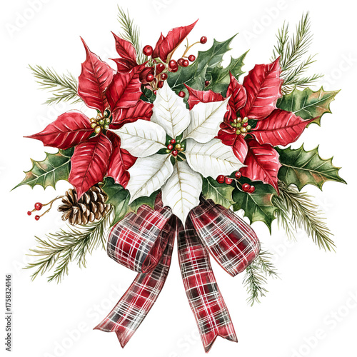 vibrant arrangement of red and white poinsettias, holly leaves, and pine, tied together with a decorative plaid ribbon. ,watercolor clip art isolated on white background