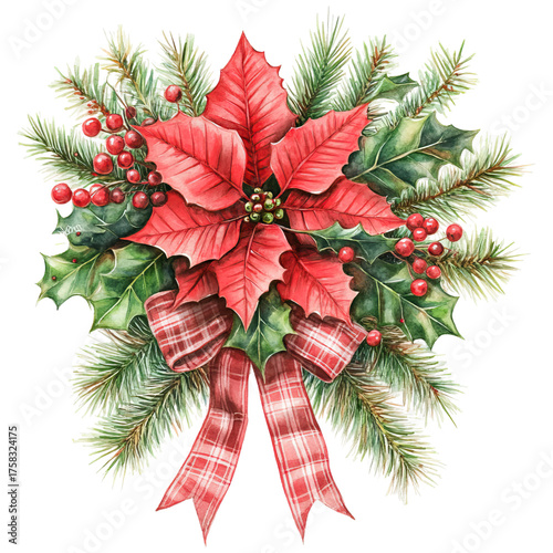 vibrant arrangement of red poinsettias, greenery, and berries, with a checked ribbon, festive celebrations. ,watercolor clip art isolated on white background