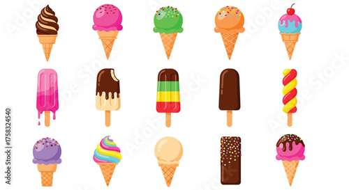 Assortment of colorful ice cream cones and popsicles