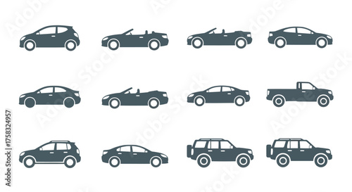 Collection of car silhouettes in gray color