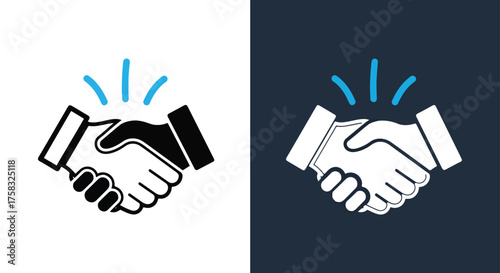 Two handshake icons representing partnership business deal agreement and collaboration success -  Glyph solid icon - Editable modern style icon.