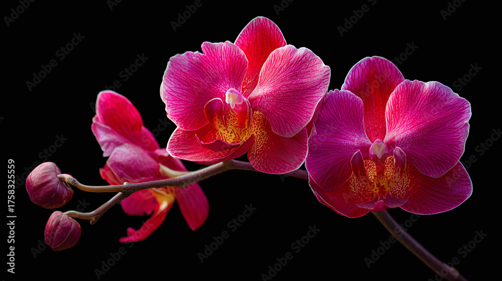 Obraz premium A vibrant spray of magenta orchids in full bloom set against a stark black background creates a striking contrast. Beauty in simplicity. Floral elegance.