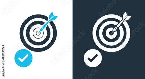 Target icon with arrow and checkmark symbol represents success and achievement -  Glyph solid icon - Editable modern style icon.