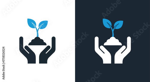 Hands holding soil and a growing plant icon representing nurturing growth and new beginnings -  Glyph solid icon - Editable modern style icon.