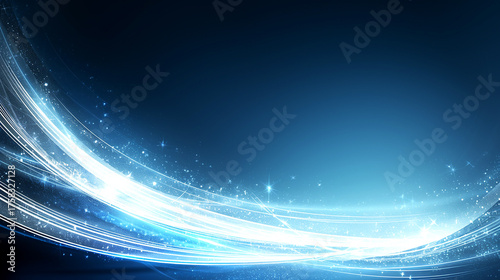 Dynamic abstract blue background with glowing light trails, speed lines, and glittering particles.