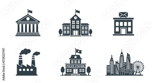 Collection of black and white building icons for websites and applications -  Glyph solid icon - Editable modern style icon.