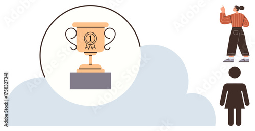 Trophy atop a pedestal in a cloud background with two figures one pointing upward. Ideal for success, achievement, recognition, motivation, career growth, teamwork, simple flat metaphor