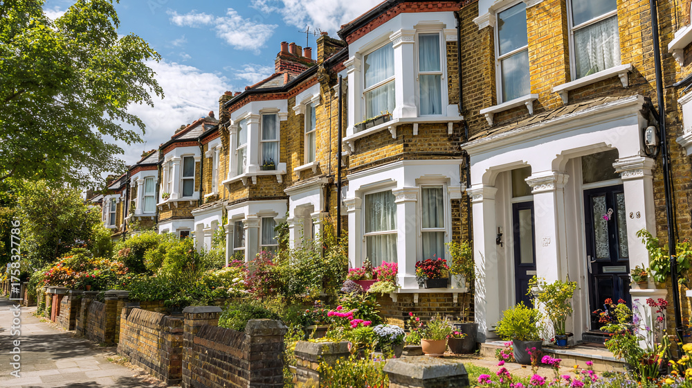 Fototapeta premium Row of charming terraced houses with manicured gardens and brick pathways, showcasing classic architectural style and neighborhood ambiance.