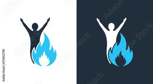 Man with arms raised silhouette and blue flame icons in two color variations -  Glyph solid icon - Editable modern style icon.