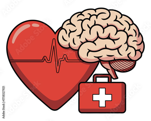Medical illustration featuring a large heart, brain, and medical kit