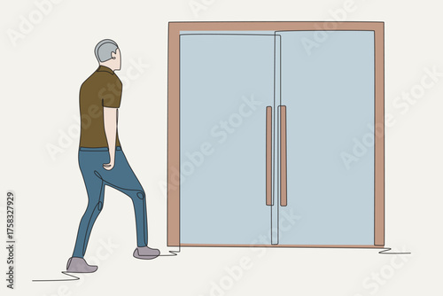 Colored crowds rushing in at opening concept one-line drawing