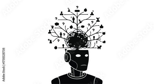 Robot with a mind full of connections and questions, symbolizing artificial intelligence and global network