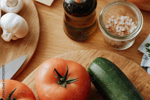 Food prep veggies, spices, mushrooms, oil, and a knife on wood