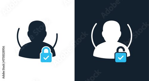 User account security icon with locked padlock and check mark for privacy and protection -  Glyph solid icon - Editable modern style icon.
