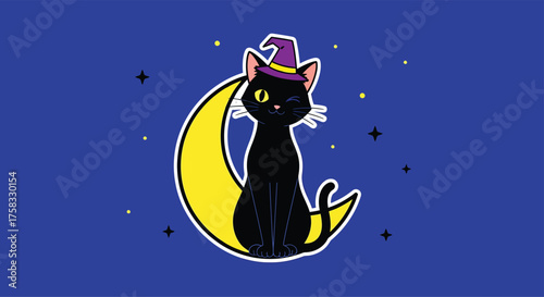 Black cat wearing witch hat sits on crescent moon under starry sky, creating a whimsical halloween scene, perfect for seasonal greetings.