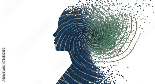Abstract silhouette of a woman's head dissolving into a swirling vortex of particles, representing thoughts or ideas.