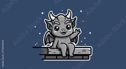 Cute gargoyle sitting on stone ledge waving hello against dark blue sky with twinkling stars, creating whimsical and friendly atmosphere.