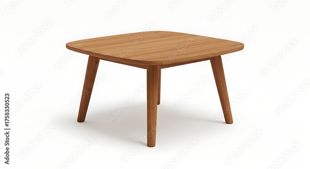 Fototapeta premium Sleek Mid-Century Modern Square Wood Table with Rounded Corners Isolated on White.