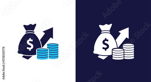 Money bag growing arrow and stack of coins financial growth icon set -  Glyph solid icon - Editable modern style icon.
