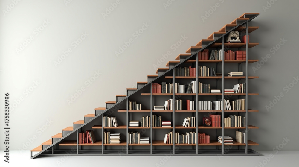 Obraz premium A staircase bookshelf filled with books, creating a unique and functional design element against a white wall, offering both storage and access to upper levels