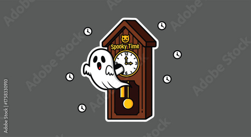 Cartoon ghost floats near a spooky cuckoo clock on gray, creating a playful and slightly eerie halloween atmosphere.