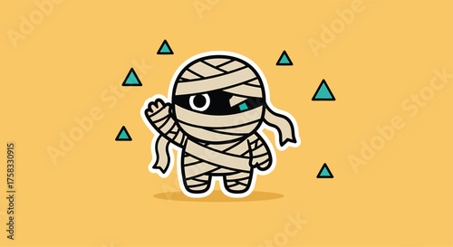 Cute mummy waving hello surrounded by small triangles on a yellow backdrop creating a playful and spooky vibe.