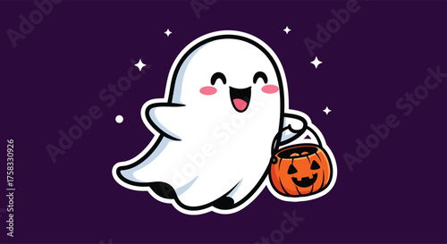 Cute ghost carrying pumpkin candy bucket floats happily against dark purple starry night sky, symbolizing spooky fun and festive Halloween spirit.