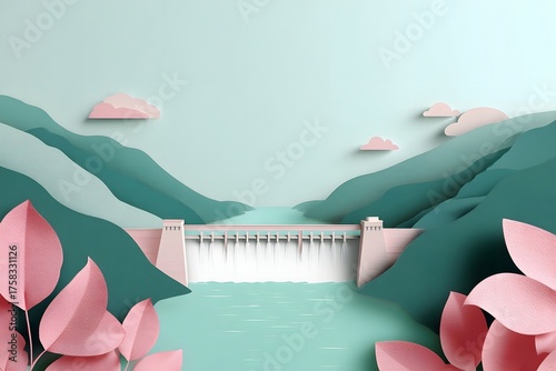 Stylized paper craft illust n of a hydroelectric dam in a mountain valley with water flowing and pink foliage