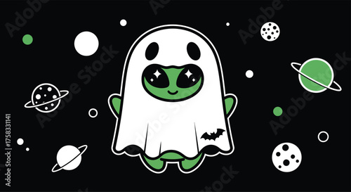 Cute alien ghost floating among planets in outer space with a spooky yet playful halloween theme. featuring stunning details and textures.