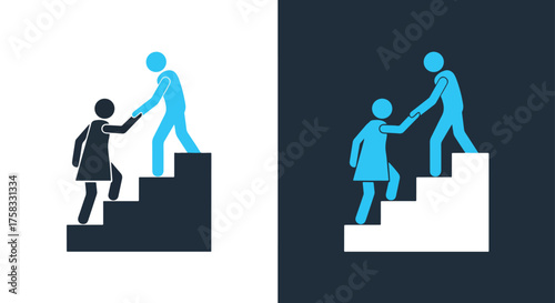 Icons of helping hands and support guiding people up stairs for growth and success -  Glyph solid icon - Editable modern style icon.