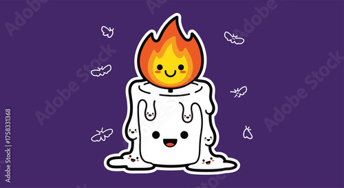 Cute candle smiles brightly against a purple backdrop, casting a warm and comforting glow, creating a cozy and inviting atmosphere.