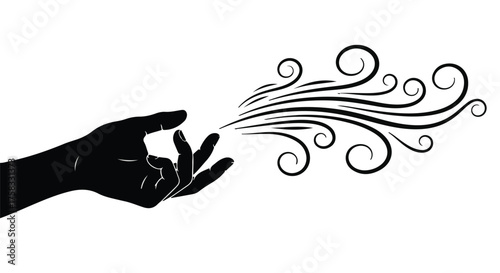 Silhouette of a hand releasing elegant swirling wind or air currents into a white space.