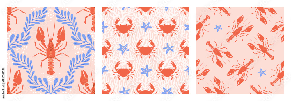 Fototapeta premium Lobster, Crab Seamless Pattern Set with Seaweed and coral on pink Background. Whimsical Vintage coastal print with retro seafood illustration and ocean life. Perfect for marine designs, seaside decor