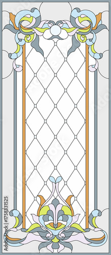 Stained-glass panel in a rectangular frame, abstract floral arrangement of buds and leaves in the art Nouveau style. Decorative design of the window or door
