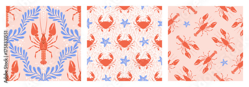 Lobster, Crab Seamless Pattern Set with Seaweed and coral on pink Background. Whimsical Vintage coastal print with retro seafood illustration and ocean life. Perfect for marine designs, seaside decor