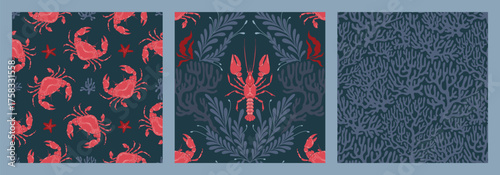 Lobster, Crab Seamless Pattern Set with Seaweed and coral on dark Background. Whimsical Vintage coastal print with retro seafood illustration and ocean life. Perfect for marine designs, seaside decor