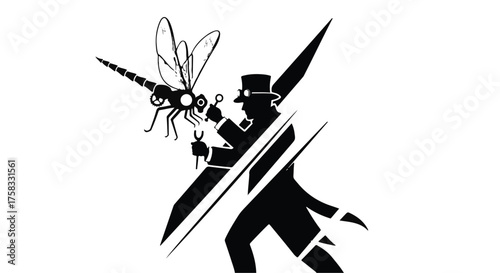 Steampunk inventor curiously examines a mechanical dragonfly with tools