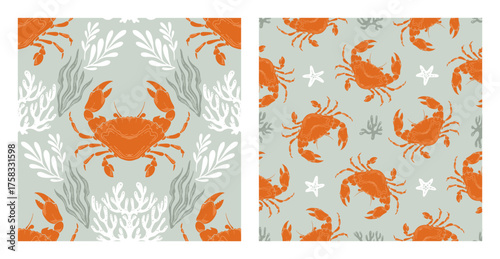 Crab Seamless Pattern Set with Seaweed and coral on Green Background. Whimsical Vintage coastal print with retro seafood illustration and ocean life. Perfect for marine designs, seaside decor