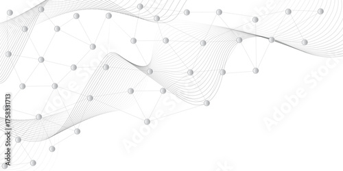 Technology background with dynamic flowing lines and connected spheres forming abstract digital network pattern in gray tones.