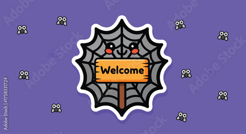 Cute spider web welcomes visitors with a wooden sign on a purple backdrop, creating a friendly and inviting Halloween atmosphere.