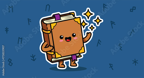Cute book character waving with magical sparkles on blue backdrop with rune symbols, creating a whimsical and enchanting atmosphere.